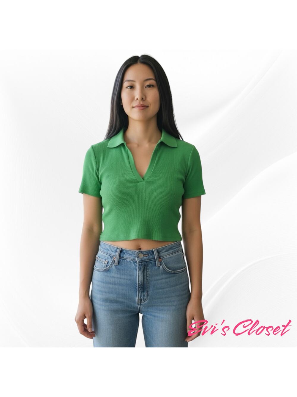 Zara Women's Ribbed  Knit V Neck Polo Top Vibrant Green Sz L Short Sleeves